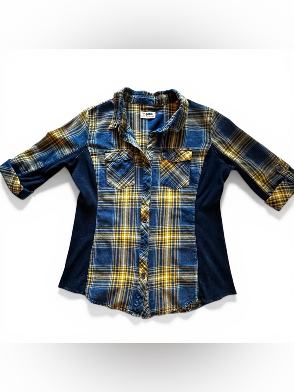 Mixed Media Yellow/Blue Plaid Flannel Button up Shirt with Ribbed Side Panels XL